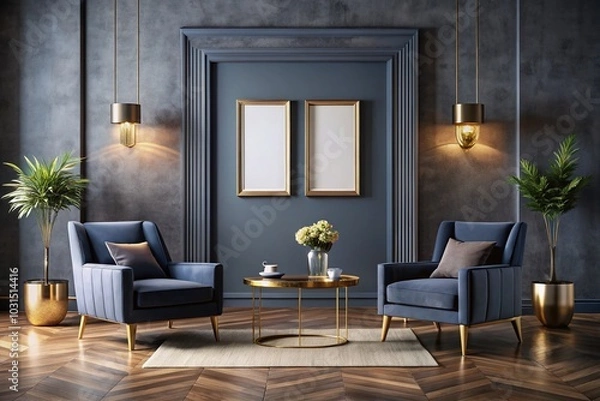 Obraz Modern Living Room Mockup with Picture Frame, Dark Blue Armchairs, and Gold Coffee Table for Interior Design