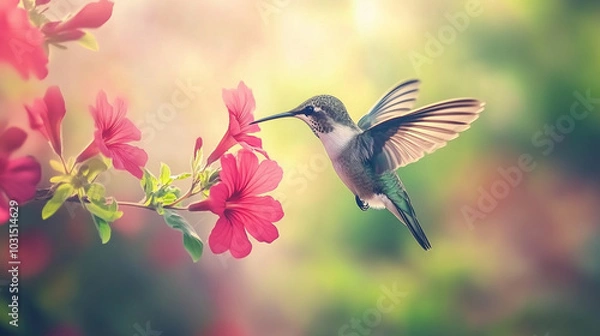 Fototapeta A tiny hummingbird suspended in mid-air, its wings a blur of motion as it drinks nectar from a cluster of vibrant red flowers. v2