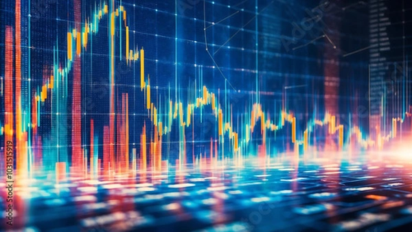 Fototapeta A currency chart comes to life with vivid lines and glowing dots against a simple backdrop. This striking visualization captures market volatility, reflecting the dynamic energy of the financial world