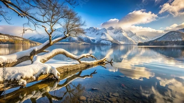 Fototapeta A snow-laden branch, resting on the edge of a pristine lake, stretches towards a dramatic mountain range, its reflection mirroring the serenity of the scene.