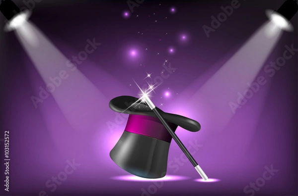 Fototapeta Magicians hat and wand on stage lighting reflectors
