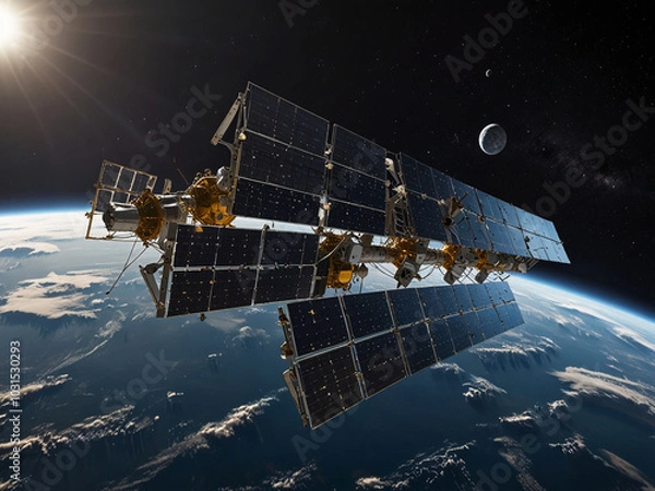 Obraz A sequence capturing the delicate unfolding of streamlined solar panels and communication arrays on a newly launched satellite, set against the vast backdrop of space.