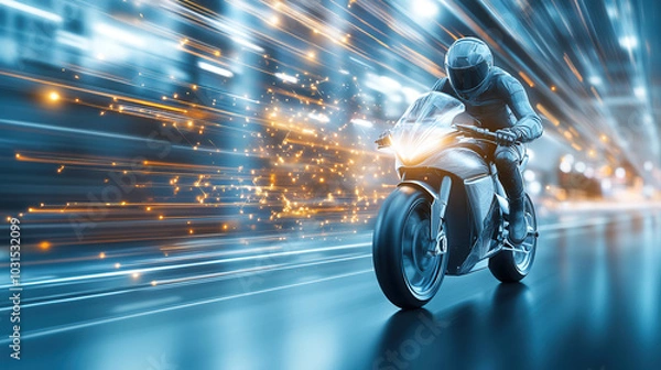 Fototapeta Futuristic electric motorcycle speeding through dynamic cityscape, showcasing bold design and advanced technology. motion blur creates exhilarating sense of speed and innovation