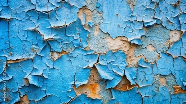 Fototapeta A close-up view of a weathered surface, revealing a vibrant blue paint layer that has cracked and peeled, exposing the underlying material