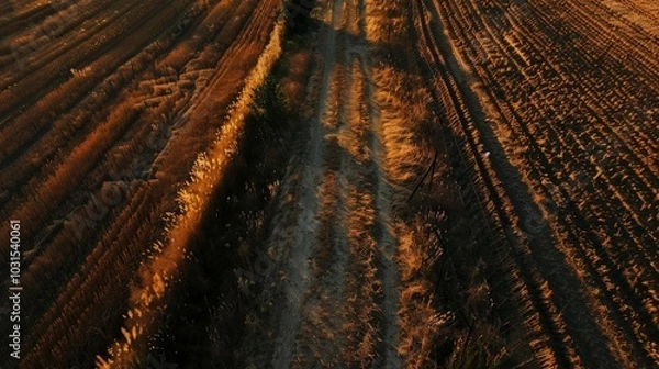 Fototapeta Serene Aerial View of Golden Fields at Sunset