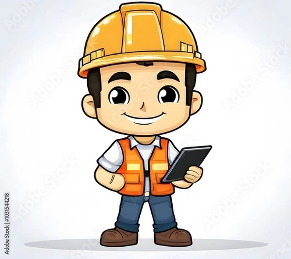 Fototapeta Cute Cartoon Construction Worker (Presenting a Tablet)
"A cute cartoon construction worker holding a tablet with engineering gears displayed, giving a wink and a thumbs-up. The character wears a yello