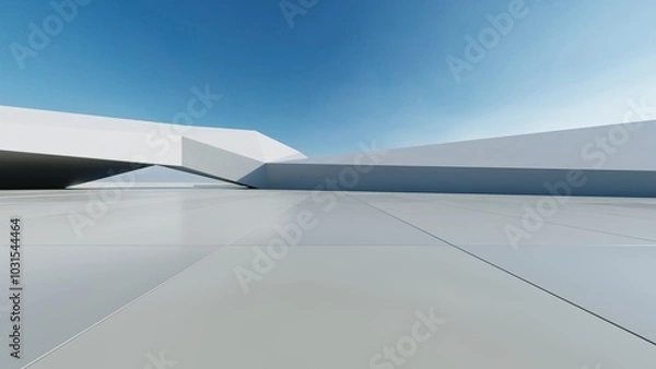 Fototapeta 3d render of abstract modern concrete white architecture with empty cement floor, minimal exterior, car presentation background