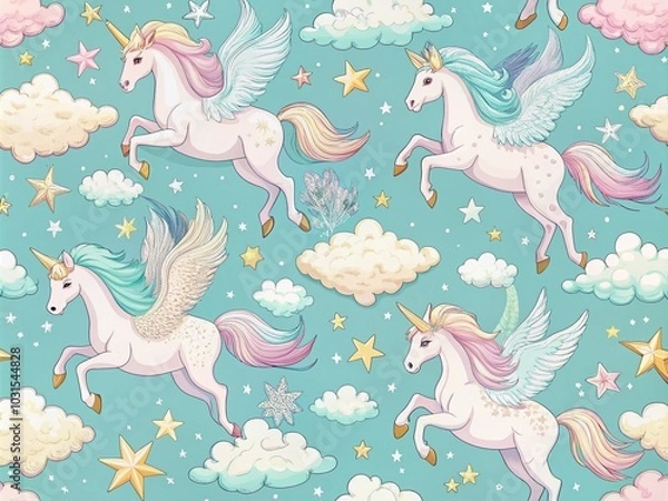 Fototapeta Pastel Winged Unicorns in the Sky - Seamless Pattern for Kids' Projects