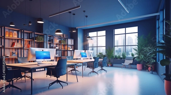 Fototapeta Blurred office workspace in the evening , interior workplace with cityscape for business presentation background  Modern Office Space with Glass Walls and Blurred Background  
