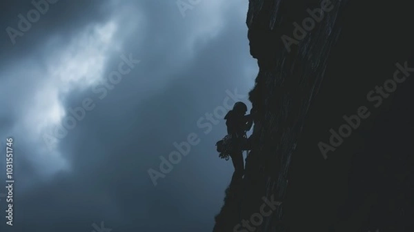 Fototapeta Dramatic Climber Against Cloudy Sky Background
