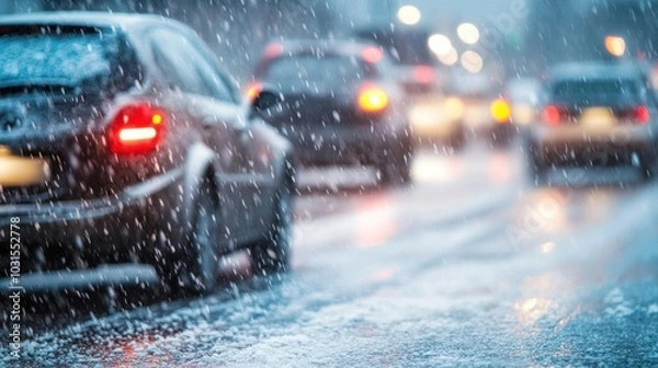 Fototapeta Sleet and freezing rain creating a slick, icy layer on roads and vehicles, causing traffic hazards in winter weather