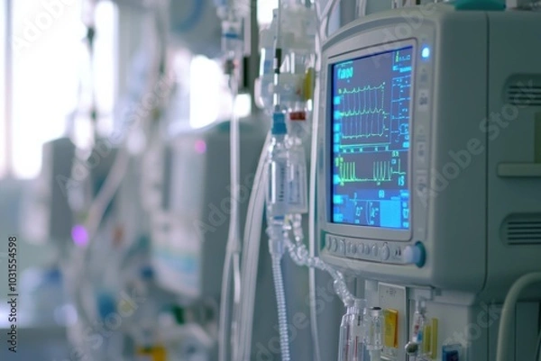 Fototapeta Technological close-up of dialysis machine, digital display glowing