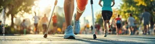 Obraz A person using crutches while participating in a community fun run, showing inclusion in sports