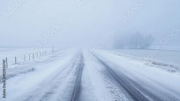 Obraz Thick winter fog combining with snow flurries to create near-zero visibility on a country road