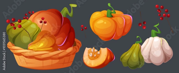 Fototapeta Autumn harvest in whicker basket. Cartoon vector illustration set of fall season squash vegetable and berry. Orange, green and white pumpkin - whole, pile in grocery box and cut slice with seeds.