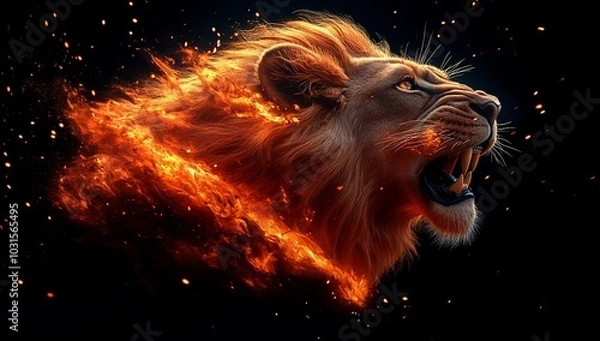 Fototapeta A fiery lion's head emerging from flames, symbolizing strength and power.