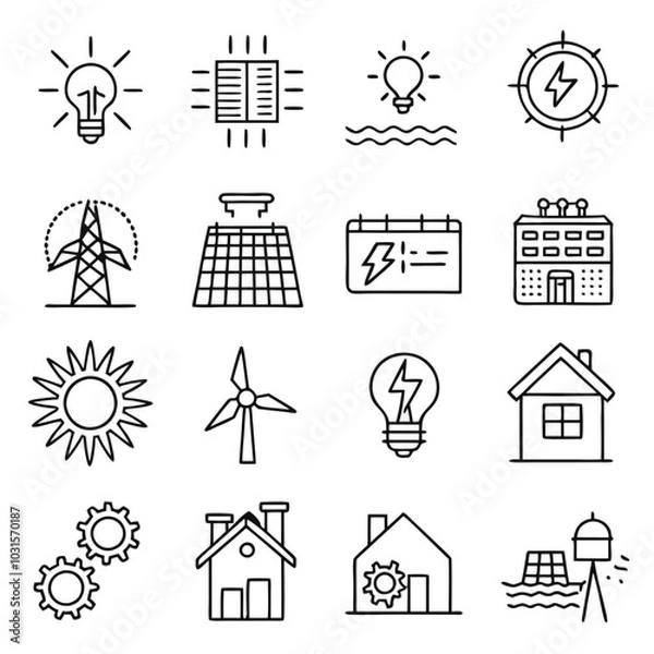 Fototapeta Minimalistic Line-Drawn Icons of Solar Panels, Wind Turbines, and Renewable Energy Equipment