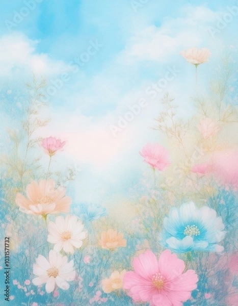 Fototapeta 可愛い色合いのコスモスと青空の風景画