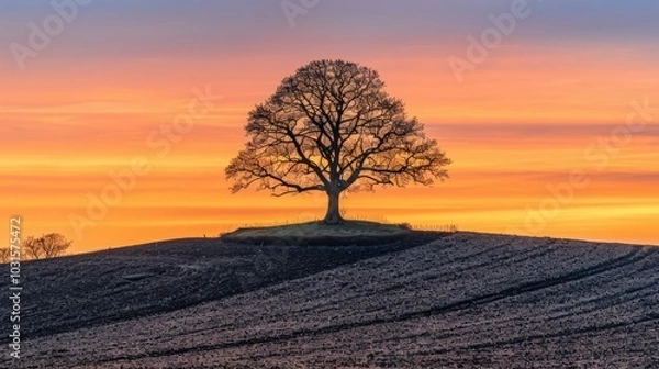 Obraz Majestic Tree at Sunset Over Rolling Landscape