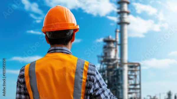 Fototapeta Engineer observing industrial plant with safety gear and helmet