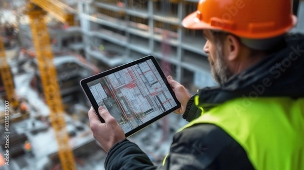 Obraz Construction worker reviews building plans on a tablet at a busy construction site, showcasing the integration of technology in modern architecture projects.