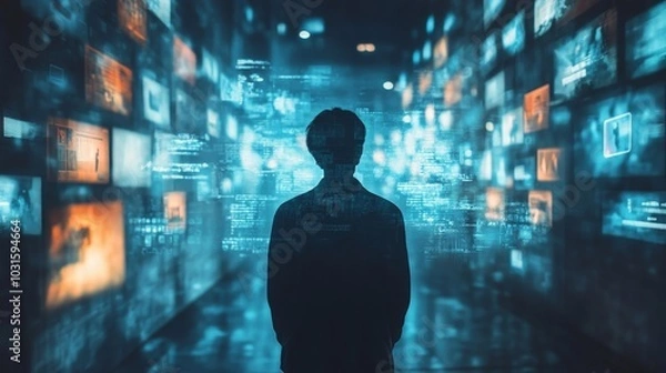Fototapeta Online Privacy person surrounded by their digital footprint in the form of social media posts, emails, and browsing history, emphasizing the need for privacy protection, Generative AI