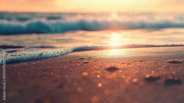 Fototapeta Sunset Over Calm Waves on Sandy Beach