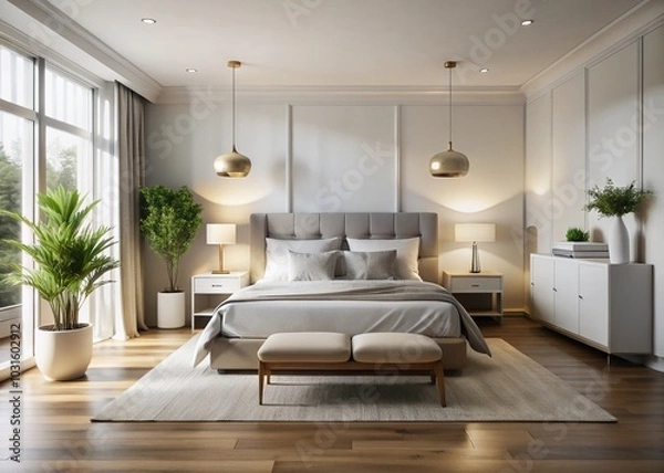 Fototapeta Serene White Bedroom Design with Spacious Bed and Elegant Bedside Tables - Perfect for Minimalist Art Presentation
