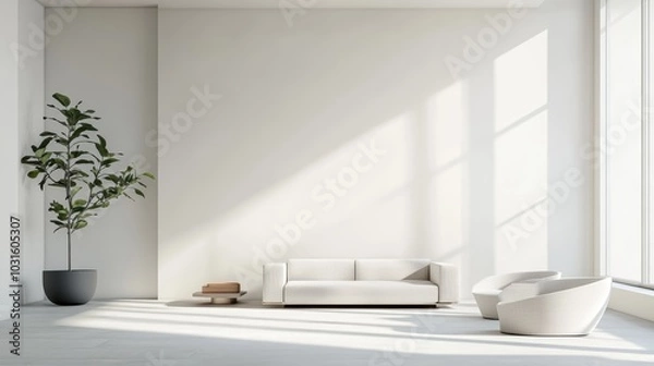 Fototapeta Minimalist white room with plant, sofa, chairs, and window.