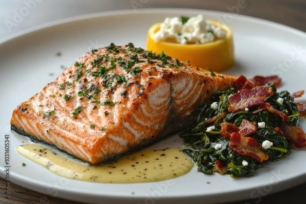 Fototapeta A plate of salmon with a side of spinach and bacon