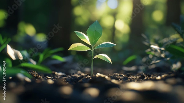 Fototapeta A simple 3D image of a young plant growing, representing the importance of protecting our planet's environment.  The image uses a low-poly style, which is a way of creating artwork with simple shapes.