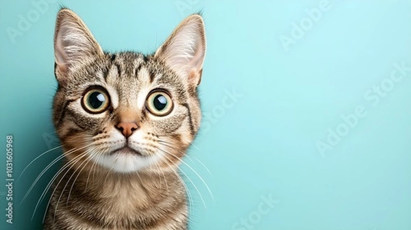 Obraz Gray tabby cat looking directly at the camera, light blue background, room for text at the top, detailed fur and whiskers