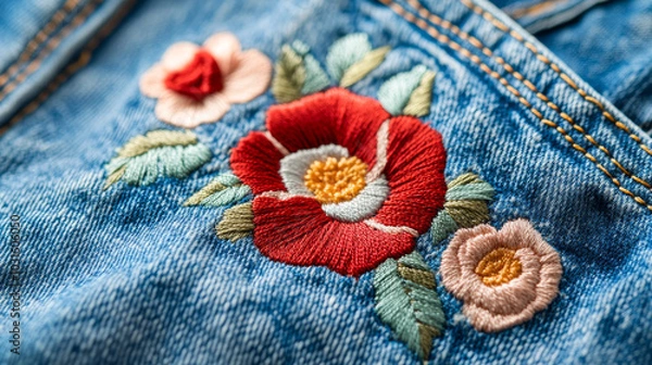 Fototapeta A close-up view of a pair of blue jeans with a 3D design of embroidered flowers. The design features a patch with roses and poppies.