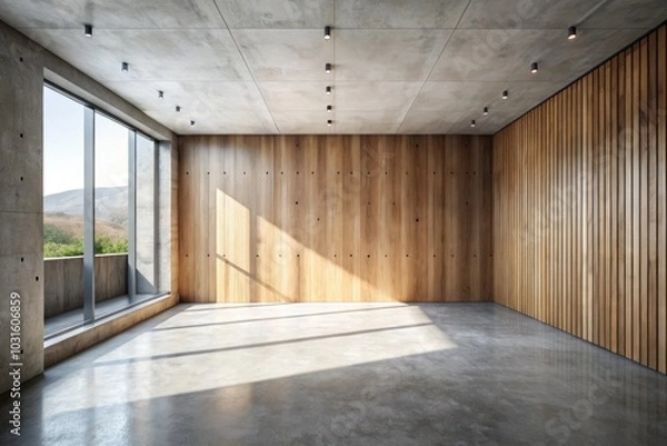 Fototapeta Modern Product Photography of an Empty Room Featuring Concrete Walls and Wooden Paneling Ideal for Minimalist Designs and Interior Decoration Concepts