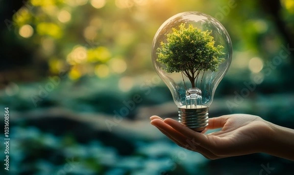 Fototapeta Hand hold light bulb with a tree inside Sustainability and Eco-consciousness: Images that showcase environmental awareness and eco-friendly practices are in high, Generative AI