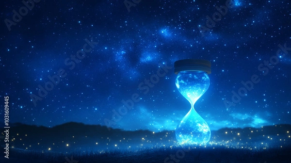 Fototapeta A blue, starry night sky with a glowing Earth as an hourglass. This image represents Earth Hour, a global event encouraging people to turn off their lights to save energy and protect our planet.