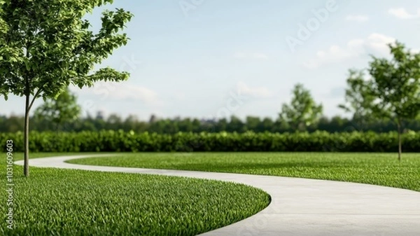 Fototapeta Serene urban park featuring walking paths, lush greenery, and a vast open sky, perfect for relaxation and reflection.