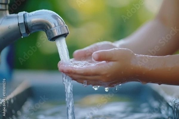 Obraz A child cupping their hands under a public tap, waiting for water to flow.