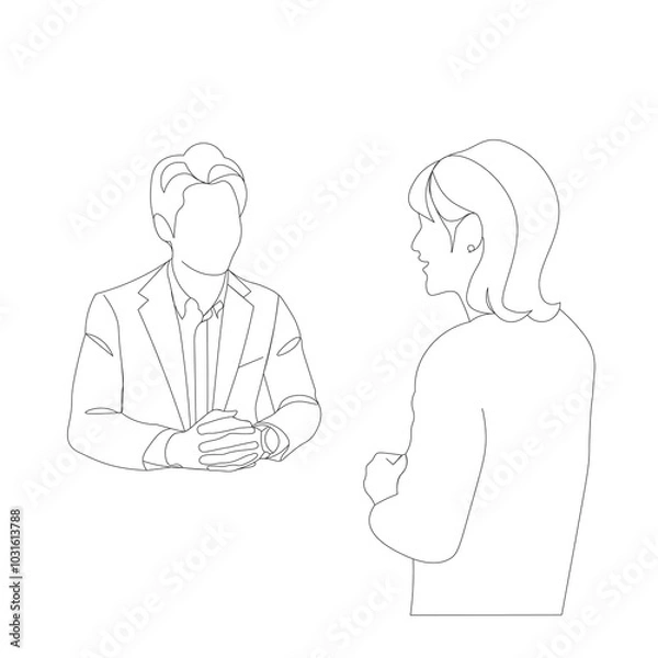Fototapeta テーブルの対面で座り会話する男女の上半身のイラスト　線画