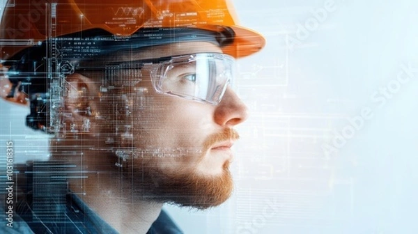 Fototapeta Worker in safety gear with digital overlay, focused on future technology.