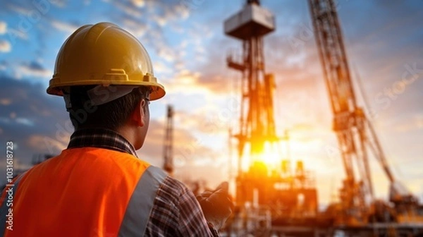 Fototapeta Worker observing machinery at sunset on an oil rig site.