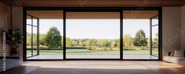 Fototapeta Stylish designer room featuring floor-to-ceiling folding doors with a stunning garden view.