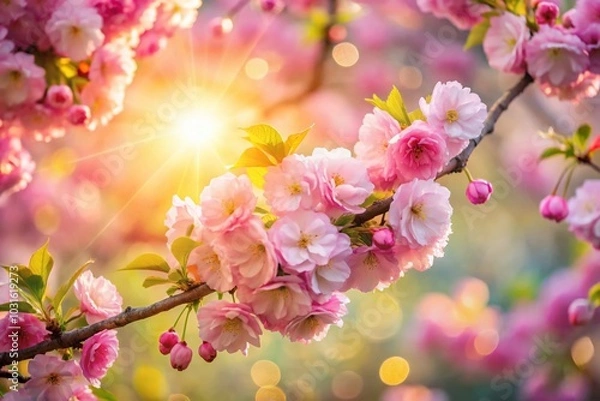 Fototapeta Soft Blossoms in Spring: Blurry Bokeh of Pink Japanese Cherry Tree Garden