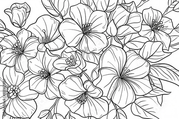 Fototapeta A detailed line art illustration of blooming flowers, featuring intricate petals and leaves, perfect for coloring enthusiasts.