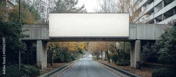Fototapeta Blank billboard on an overpass above a street with trees on both sides.