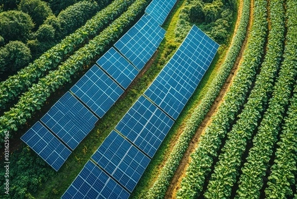 Fototapeta Aerial view of solar panels in a field of crops.