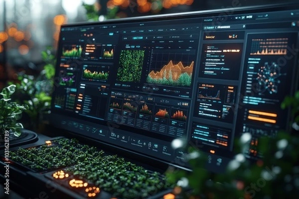 Obraz A futuristic computer monitor displaying various data charts and graphs, set against a backdrop of lush greenery, creating a contrast between technology and nature.
