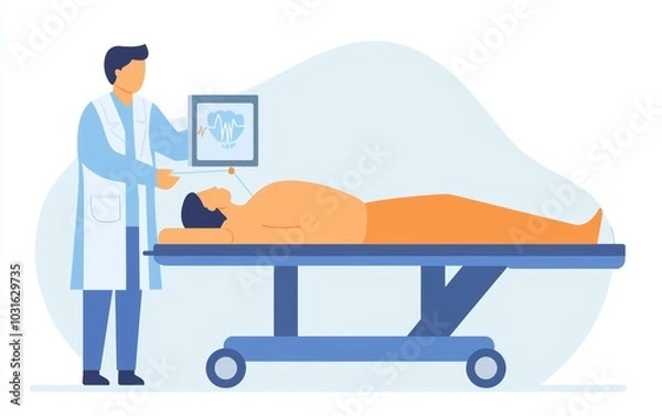 Fototapeta A futuristic medical robot scanning a patient with laser technology, displaying health diagnostics on a screen in real-time