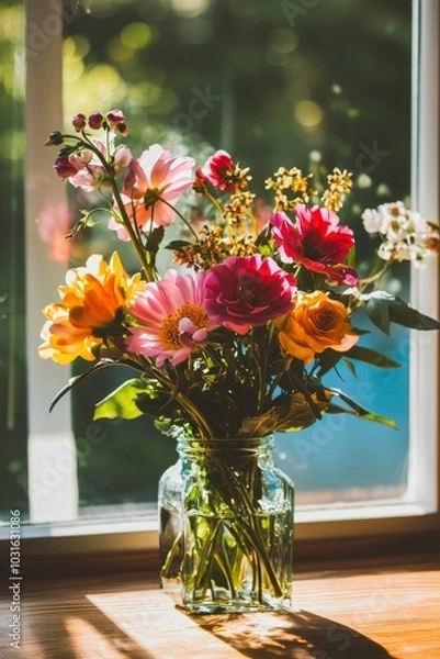 Fototapeta A bright, vibrant flower bouquet arranged in a glass vase with sunlight streaming through the window.