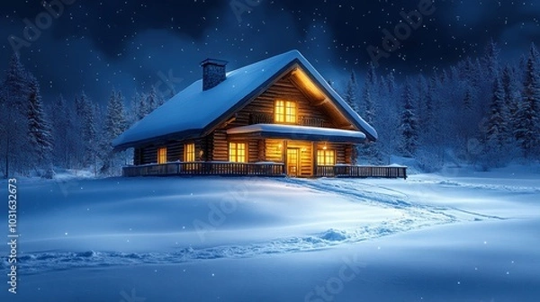 Fototapeta A warmly lit log cabin surrounded by deep snow and pine trees under a starry winter night sky, evoking a peaceful, cozy atmosphere.